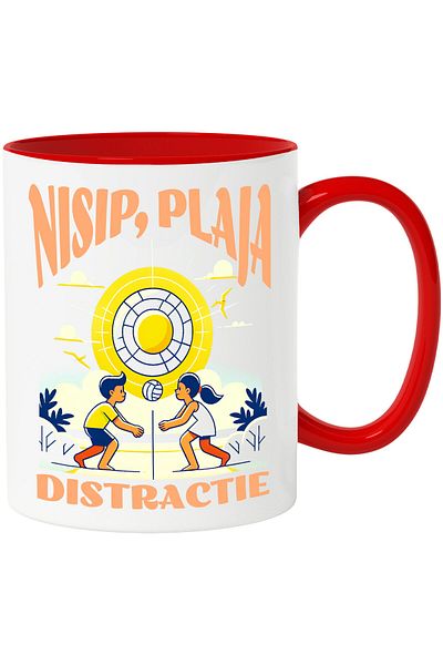 StoryGift Romania Mug with Tropocala Beach Volleyball Players text Beach Sand, Fun, Ball, C, With Red Handle