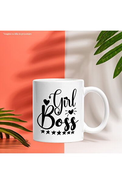 StoryGift Romania Cana Cu Inimioare Si Stelute Cu Textul "girl Boss" - Fata Patroana Afacere Cu Ma, Cu Maner Alb Stg