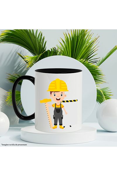 StoryGift Romania Cana Cu Muncitor, Constructii, Masurat, Casca, Salopeta, Cizme, Multicolor 330 m, Cu Maner Negru