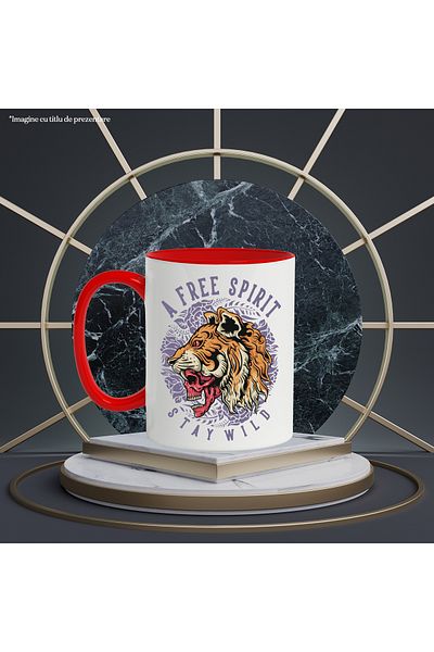 StoryGift Romania Mug With Message In English A Free Spirit Stay Wild, Tiger, Skull, Flowers, Fangs, F, With Red Handle