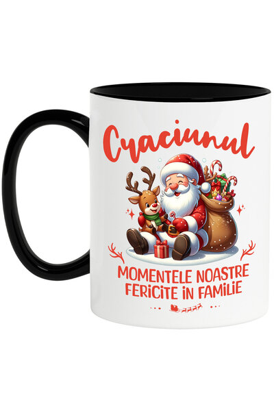 StoryGift Romania Cana cu Mos Craciun Animat Cu Ren Si Sac de Cadouri Text Momente Fericite In Fam, Cu Maner Negru