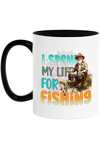 StoryGift Romania Cana cu pescar batran la pescuit cu mesajul "I spend my life for fishing", imi p, Cu Maner Negru