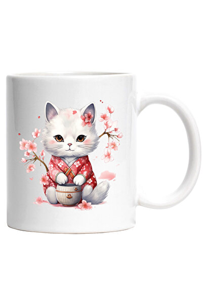 StoryGift Romania Cana cu o pisicuta alba care are vesminte traditionale japo...