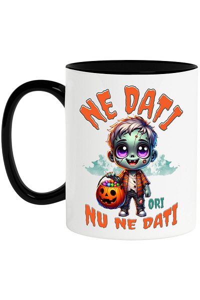 StoryGift Romania Cana cu Zombie La Colindat Cu Dovleac Text Ne Dati Ori Nu Ne dati, Ceramica, 330, Cu Maner Negru