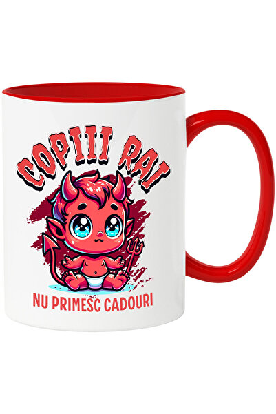 StoryGift Romania Cana cu Bebe Diavol Cu Furca Si Coarne Text Copii Rai Nu primesc Cadouri, Cerami, Cu Maner Rosu