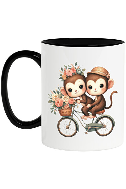 StoryGift Romania Cana cu 2 maimute care se plimba cu bicicleta | ilustratie | cos cu flori | natu, Cu Maner Negru