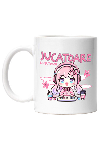 StoryGift Romania Cana cu Fata Stil Anime Cu Par Roz Si Funda Casti Audio Calculator Text In Limba, Cu Maner Alb