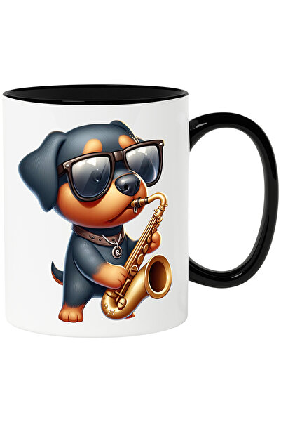 StoryGift Romania Cana cu un catel Rottweiler care canta la saxofon | ilustra...