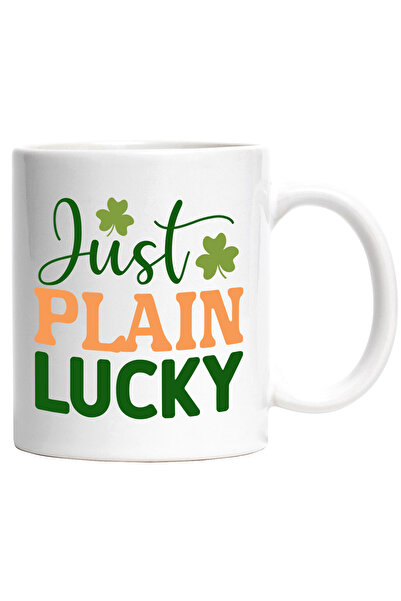 StoryGift Romania Cana cu trifoi si textul "Just plain lucky" - pur si simplu norocos cu Maner Alb, Cu Maner Alb