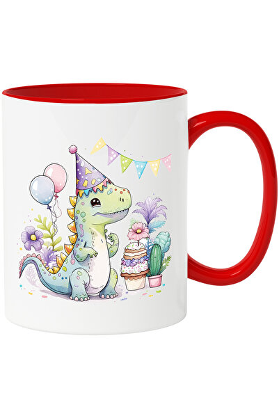 StoryGift Romania Cana cu un pui de dinozaur fericit | ilustratie | aniversare | coif | baloane | , Cu Maner Rosu