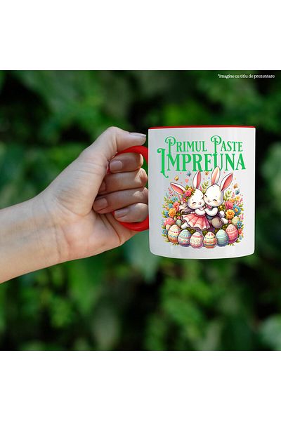 StoryGift Romania Cana cu Cuplu Fericit Iepuri Indragostiti Oua Colorate Paste, Flori Multicolor, , Cu Maner Rosu STG