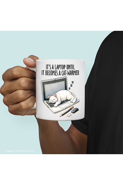 StoryGift Romania Cana cu o pisica alba care doarme pe un laptop cu mesajul "It's a laptop until i, Cu Maner Alb