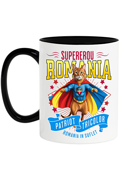 StoryGift Romania Abyssinian 2 Mug / Abyssinian 2 Cat in Captain Romania Costume with Capes, With Black Handle