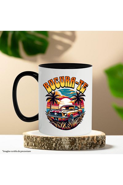 StoryGift Romania Cana cu Masina colorata DE curse Vintige Pe insula Tropicala Apus De Soare Vitez, Cu Maner Negru