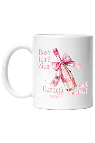 StoryGift Romania Cana Rose toată ziua, cocheta toata noaptea sampanie cu funda roz, 330ml, Cerami, Cu Maner Alb