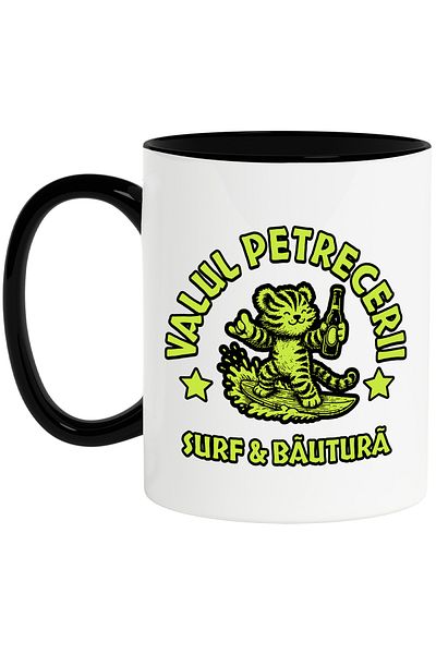 StoryGift Romania Party Wave Mug, Surf and Tiger Drink, 330ml, Ceramic with Black Handle, With Black Handle