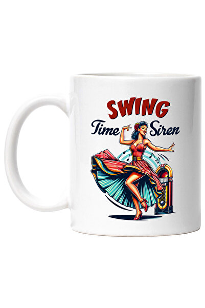 StoryGift Romania Cana cu mesajul "Swing time siren", sirena, ilustratie, stil retro, vechi, de mo, Cu Maner Alb