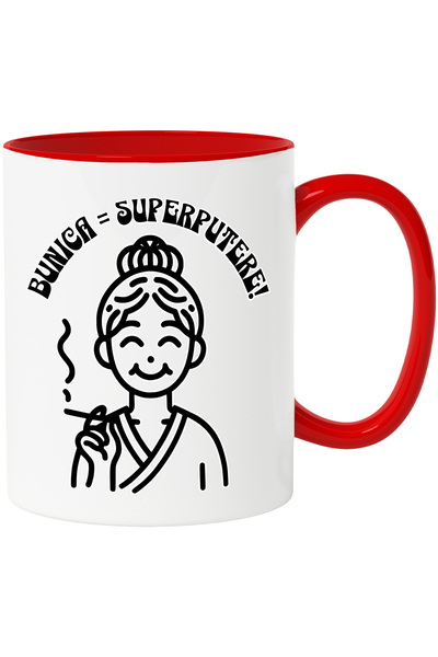 StoryGift Romania Cana Femeie Vesela Text Bunica Egal Superputeri Familie Iubire, 330ml, Ceramic c, Cu Maner Rosu