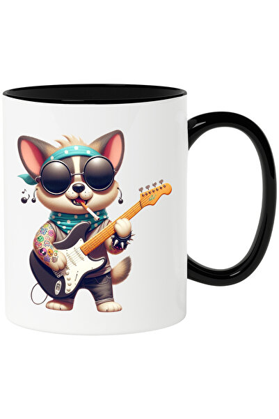 StoryGift Romania Cana cu un catel rocker care canta la chitara | ochelari negri | ilustratie | ti, Cu Maner Negru