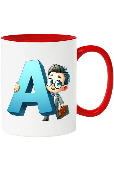 StoryGift Romania Cana cu un om de afaceri care tine litera "A" | ilustratie | alfabet | scoala | , Cu Maner Rosu