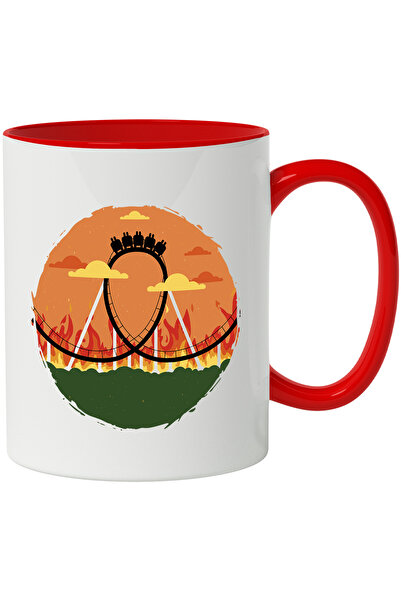 StoryGift Romania Cana Cu Roller Coaster, Flacari, Nori, Cer, Vegetatie, Carnaval, Multicolor 330 , Cu Maner Rosu