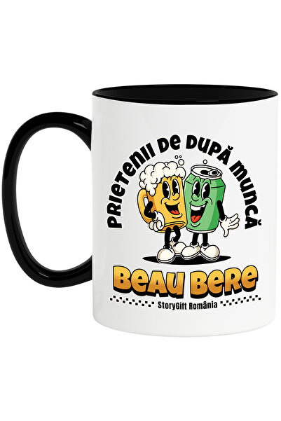 StoryGift Romania Cana Prietenii de dupa munca beau bere iubire relax, 330ml, Ceramica cu Maner Ne, Cu Maner Negru