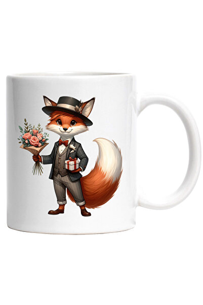 StoryGift Romania Cana cu un vulpoi care tine un buchet cu flori si un cadou ...