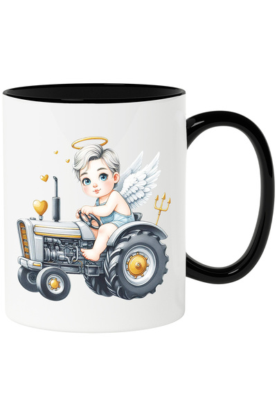 StoryGift Romania Cana cu un bebelus cu aripi care conduce un tractor | ilustratie | inimi aurii |, Cu Maner Negru