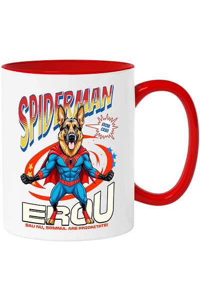 StoryGift Romania Cana cu Ciobănesc German / German Shepherd Caine In Costum de SpiderMan cu Peler, Cu Maner Rosu