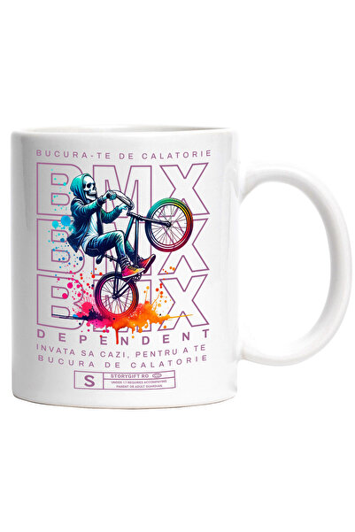 StoryGift Romania Cana BMX Dependent - Bucura-te de Calatorie, Schelet pe bicicleta, 330ml, Cerami, Cu Maner Alb
