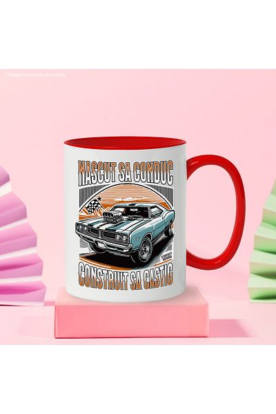 StoryGift Romania Cana construit sa castig nascut sa conduc masina vintige viteza, 330ml, Ceramic , Cu Maner Rosu