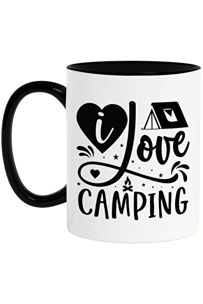 StoryGift Romania Cana cu un cort si inimioare cu mesajul "I love camping" - iubesc iesirile cu co, Cu Maner Negru