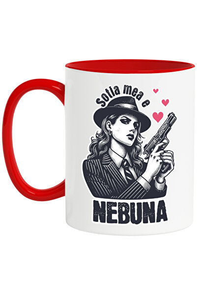 StoryGift Romania Cana femeie cu pistol puternica text haios Sotia mea este nebuna, 330ml, Ceramic, Cu Maner Rosu