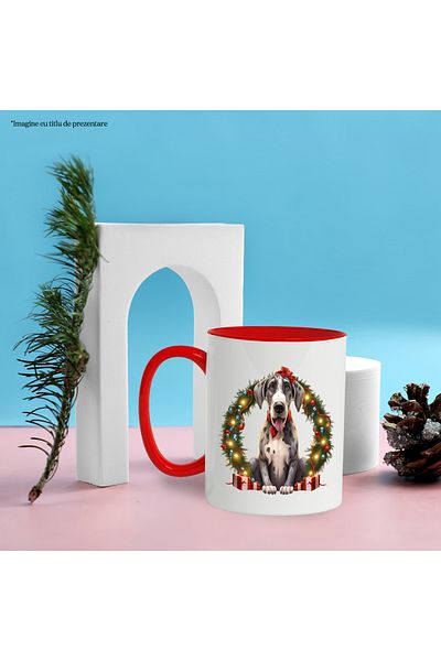 StoryGift Romania Cana cu un catel bucuros, ilustratie, Craciun, cadouri, luminite, sarbatoare, fa, Cu Maner Rosu