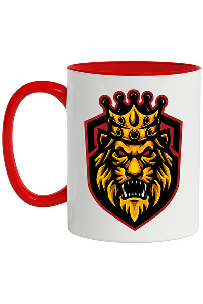 StoryGift Romania Cana Cu Emblema, Leu, Rege, Coroana, Multicolor 330 ml, Ceramica cu Maner Rosu, Cu Maner Rosu