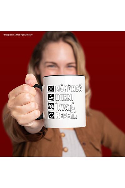 StoryGift Romania Mug eat sleep learn repeat study school, 330ml, Ceramic with Black Handle, With M,STG