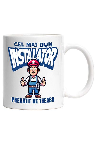 StoryGift Romania Cana cu Barbat Animatie Cu Salopeta Albastra Si Palarie Rosie Text Cel Mai Bun I, Cu Maner Alb