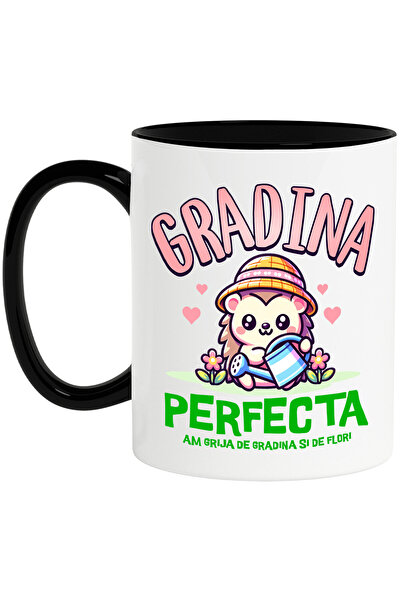 StoryGift Romania Cana cu Arici Cu Palarie Roz Stropitoare Flori Colorate Text Gradina Perfecta Am, Cu Maner Negru