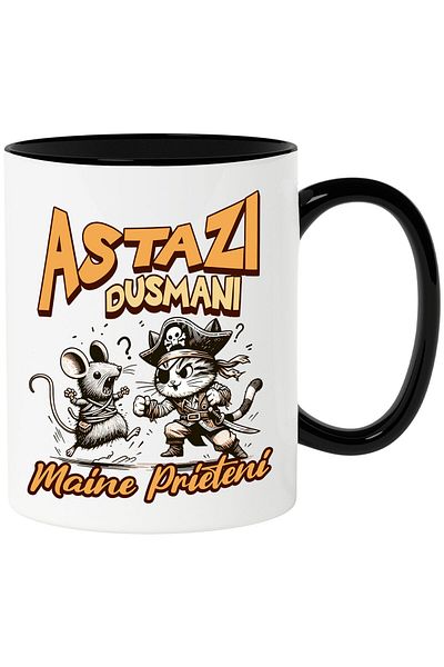 StoryGift Romania Cana cu Lupta Soarece Si Motan Pirat Text Astazi Dusmani Maine Prieteni, desene , Cu Maner Negru