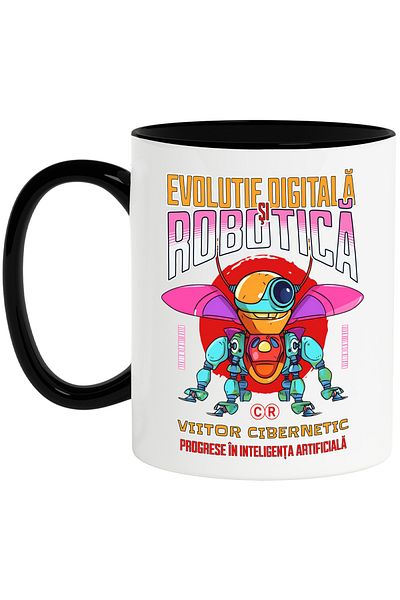 StoryGift Romania Cana Insecta robot evolutie digitala viitor ciberneti, 330ml, Ceramica cu Maner , Cu Maner Negru