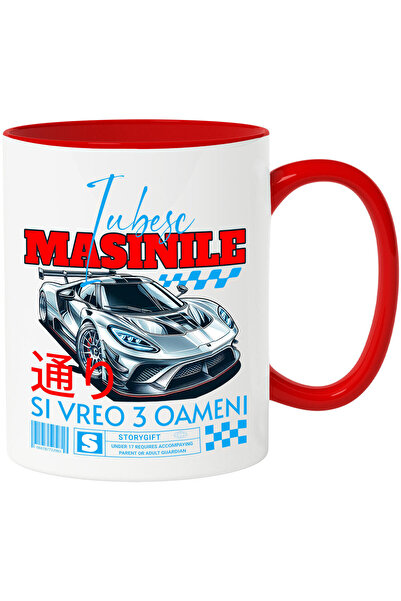 StoryGift Romania Cana cu Masina Lux Moderna Pentru Curse Sport Text Iubesc Masinile Si Vreo 3 Oam, Cu Maner Rosu