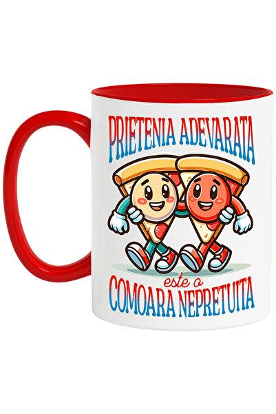 StoryGift Romania Cana Prietenia adevarata doua felii de pizza familie, 330ml, Ceramic cu Maner Ro, Cu Maner Rosu