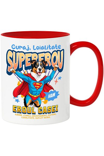 StoryGift Romania Cana cu Ciobănesc Australian / Australian Shepherd Caine In Costum de SuperMan c, Cu Maner Rosu