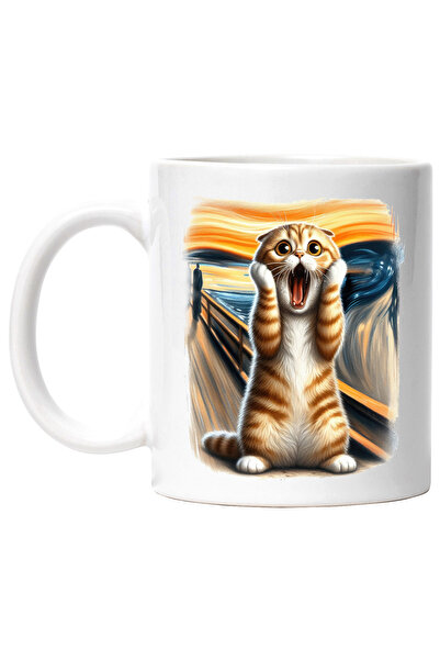 StoryGift Romania Cana cu o pisica socata, ilustratie, speriata, mirata, uimita, pictura celebra, , Cu Maner Alb