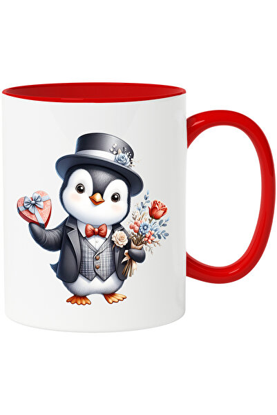 StoryGift Romania Cana cu un pinguin la costum care tine un buchet cu flori s...