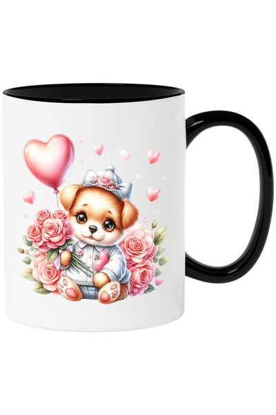 StoryGift Romania Cana cu un catelus care tine un buchet cu trandafiri | ilus...