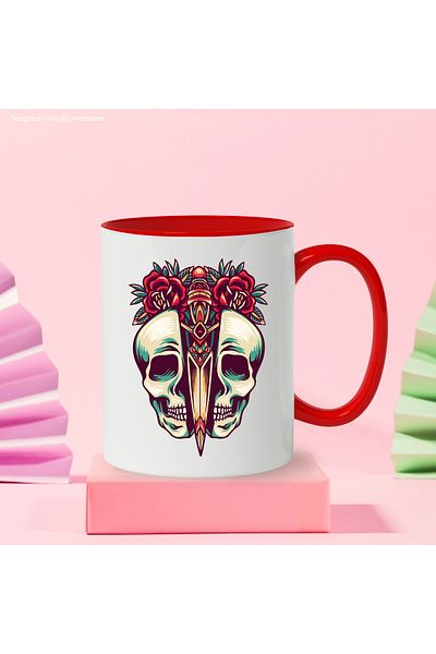 StoryGift Romania Mug With Half Skull, Dagger, Flowers, Leaves, Retro, Multicolor 330 ml, Sky, With ,STG