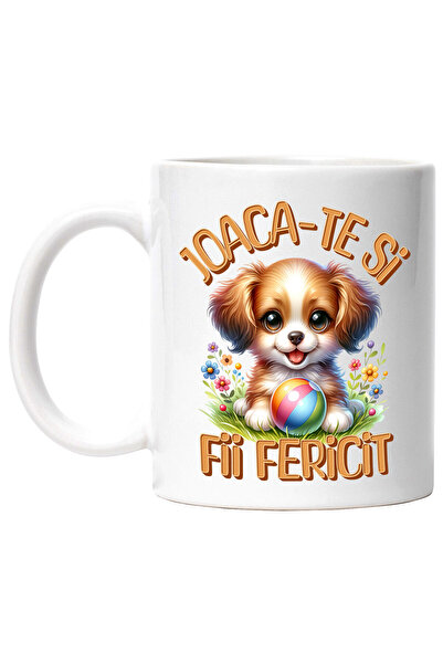StoryGift Romania Cana cu Caine Pui Blanos Vesel Cu Minge Colorata Pe Iarba Verde Cu Flori Text Jo, Cu Maner Alb
