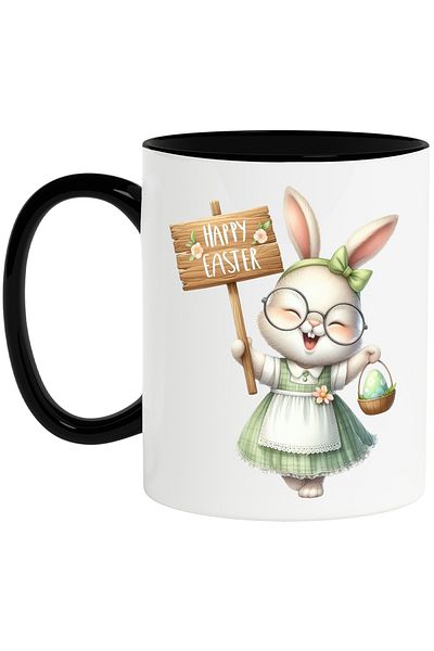 StoryGift Romania Cana cu o iepuroaica in rochita, ilustratie, Paste fericit, mesajul "Happy Easte, Cu Maner Negru
