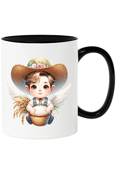 StoryGift Romania Cana cu un bebelus care tine o tarna/un cos cu orez | ilustratie | palarie | flo, Cu Maner Negru